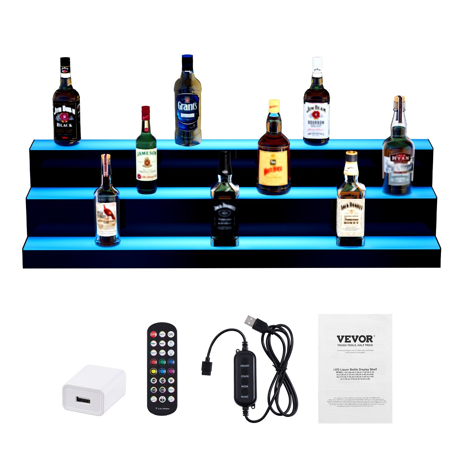 VEVOR LED Lighted Liquor Bottle Display, 3 Tiers 40 Inch Commercial Illuminated Home Bar Shelf, 3 Steps Whiskey Rack Stand, Acrylic Drink Shelves with RF Remote & App Control, and Multicolor lighting