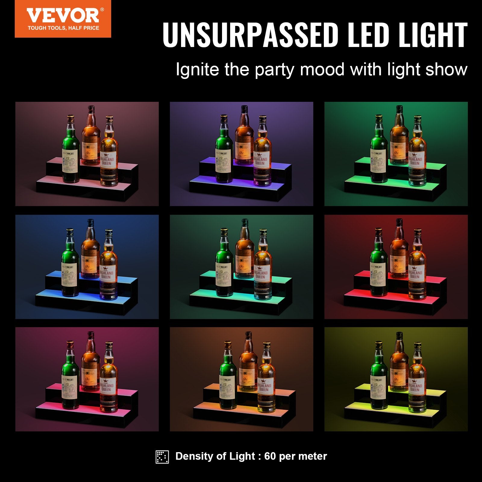 VEVOR LED Lighted Liquor Bottle Display, 2 Tiers 16 Inch Commercial Illuminated Home Bar Shelf, 2 Steps Whiskey Rack Stand, Acrylic Drink Shelves with RF Remote & App Control, and Multicolor lighting