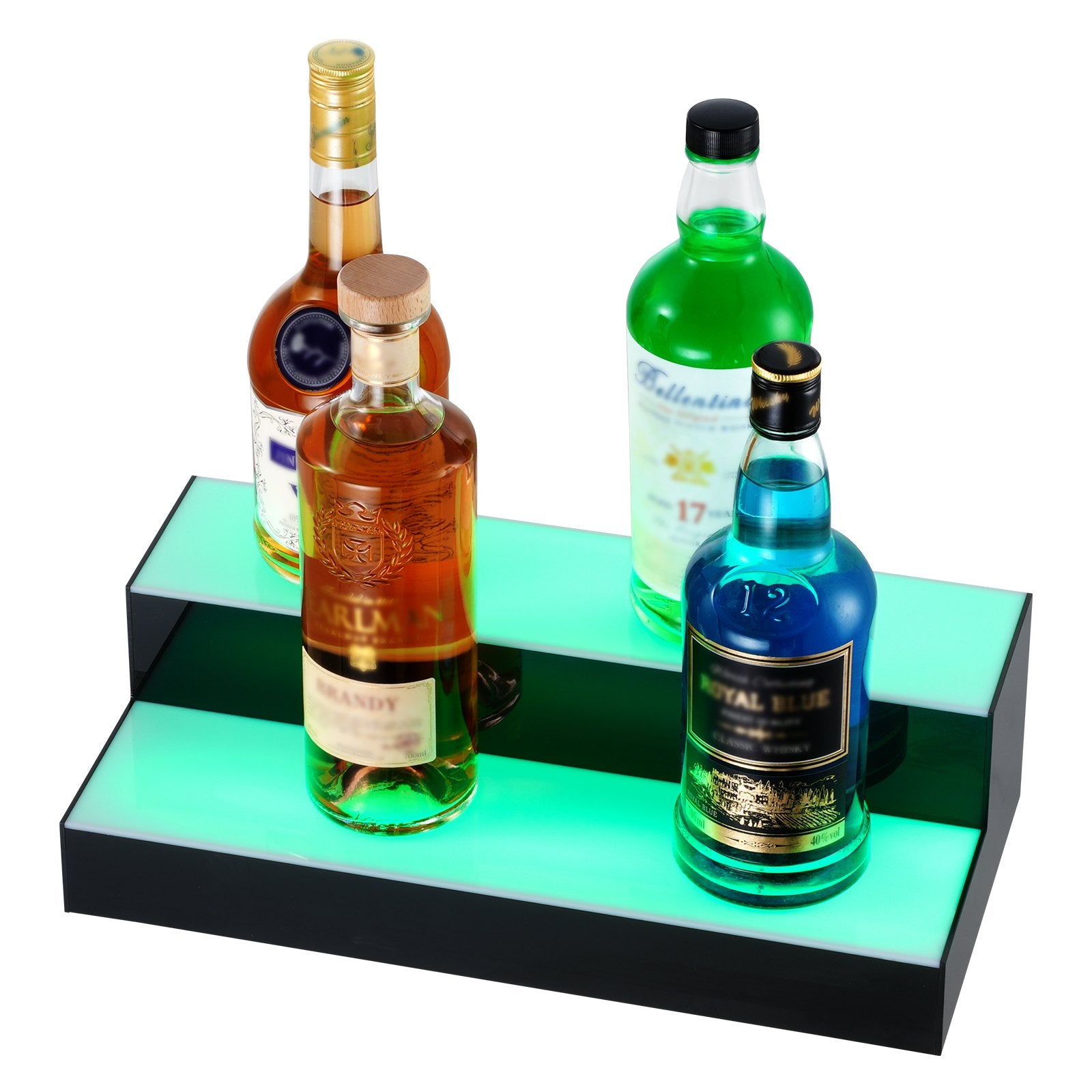 VEVOR LED Lighted Liquor Bottle Display, 2 Tiers 16 Inch Commercial Illuminated Home Bar Shelf, 2 Steps Whiskey Rack Stand, Acrylic Drink Shelves with RF Remote & App Control, and Multicolor lighting