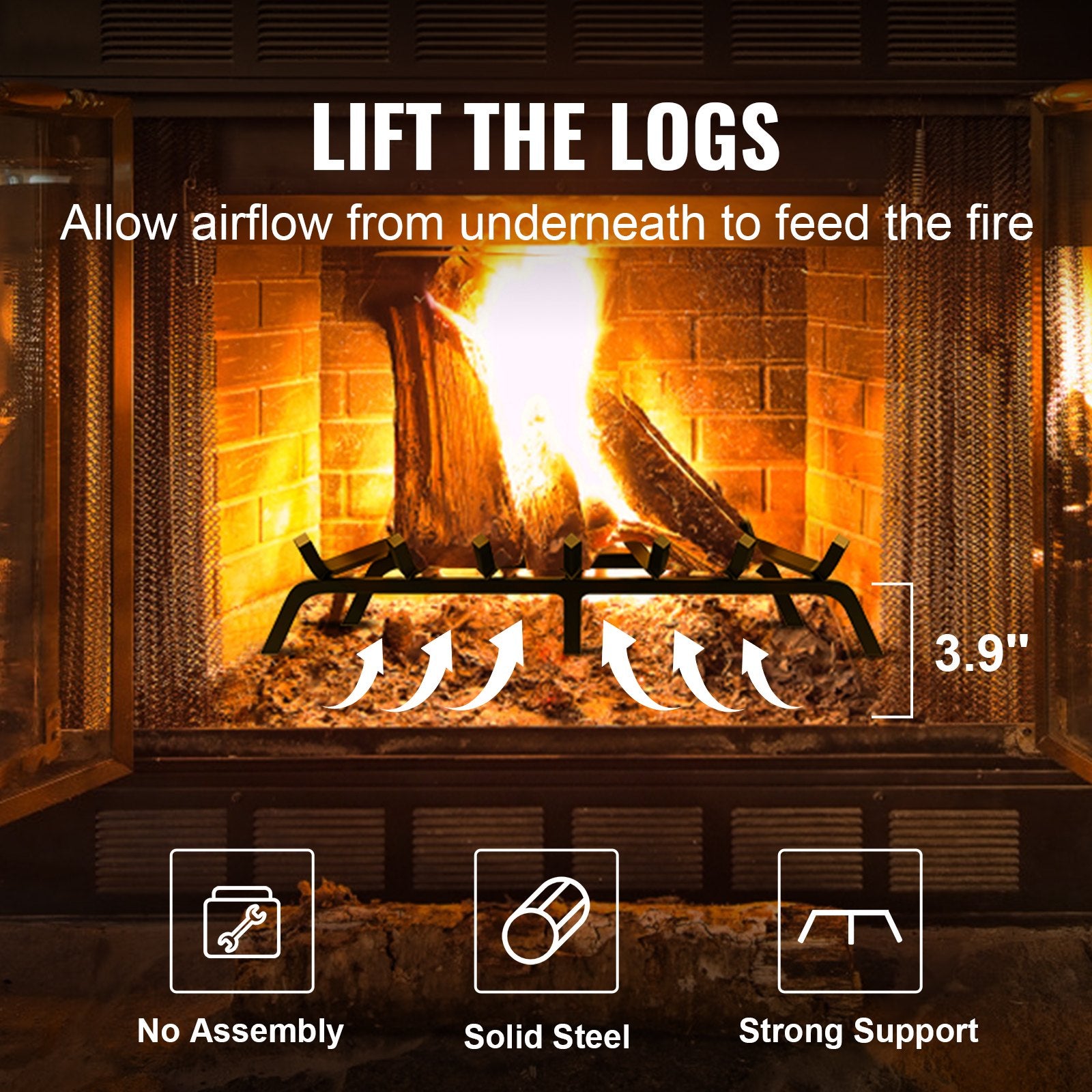 VEVOR Fireplace Log Grate, 762mm Heavy Duty Fireplace Grate with 6 Support Legs, 19.05mm Solid Powder-coated Steel Bars, Log Firewood Burning Rack Holder for Indoor and Outdoor Fireplace