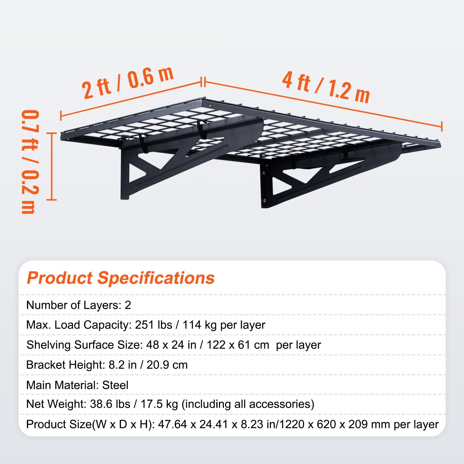 VEVOR Garage Storage Shelving, 2 Pack, 122 x 61 cm Heavy Duty Garage Shelves Wall Mounted, 502 lbs Load Capacity Total Garage Storage Rack Floating Shelves, Suitable for Shop, Shed, Garage Storage