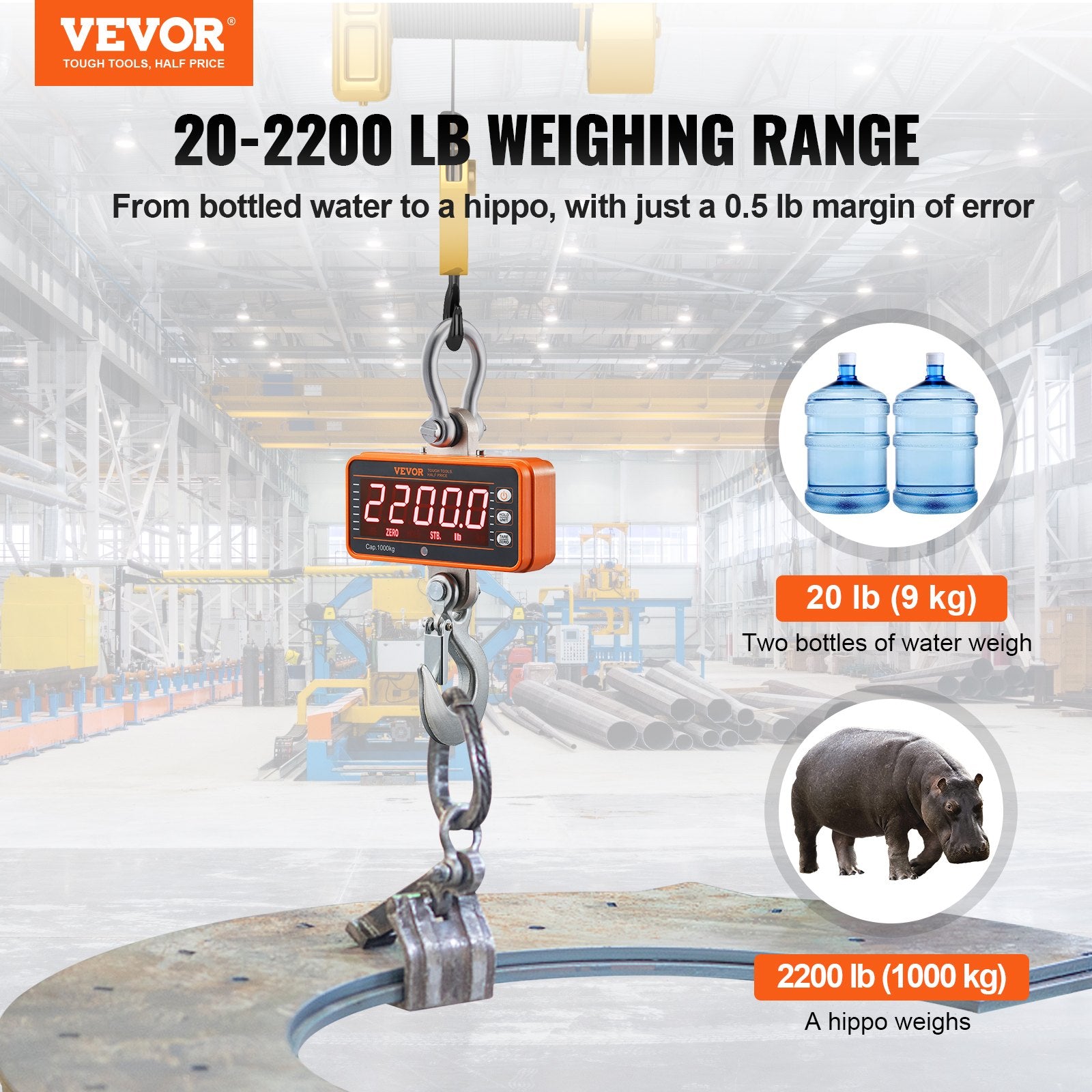 VEVOR Digital Crane Scale, 2200 lbs/1000 kg, Industrial Heavy Duty Hanging Scale with Remote Control, Cast Aluminum Case & LED Screen, High Precision for Construction, Factory, Farm, Hunting Orange