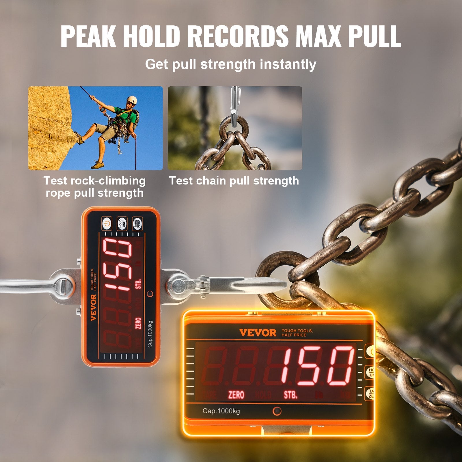 VEVOR Digital Crane Scale, 2200 lbs/1000 kg, Industrial Heavy Duty Hanging Scale with Remote Control, Cast Aluminum Case & LED Screen, High Precision for Construction, Factory, Farm, Hunting Orange