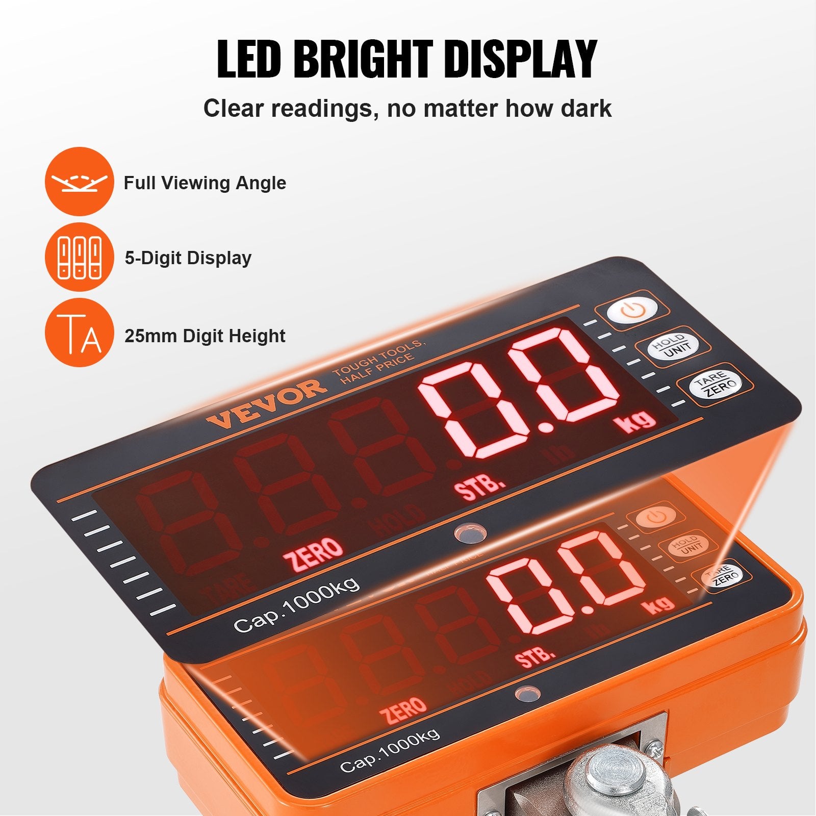 VEVOR Digital Crane Scale, 2200 lbs/1000 kg, Industrial Heavy Duty Hanging Scale with Remote Control, Cast Aluminum Case & LED Screen, High Precision for Construction, Factory, Farm, Hunting Orange