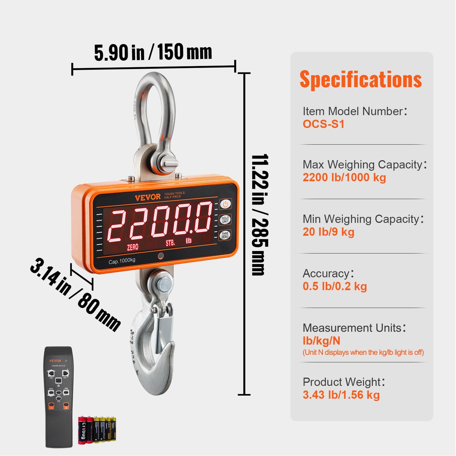 VEVOR Digital Crane Scale, 2200 lbs/1000 kg, Industrial Heavy Duty Hanging Scale with Remote Control, Cast Aluminum Case & LED Screen, High Precision for Construction, Factory, Farm, Hunting Orange