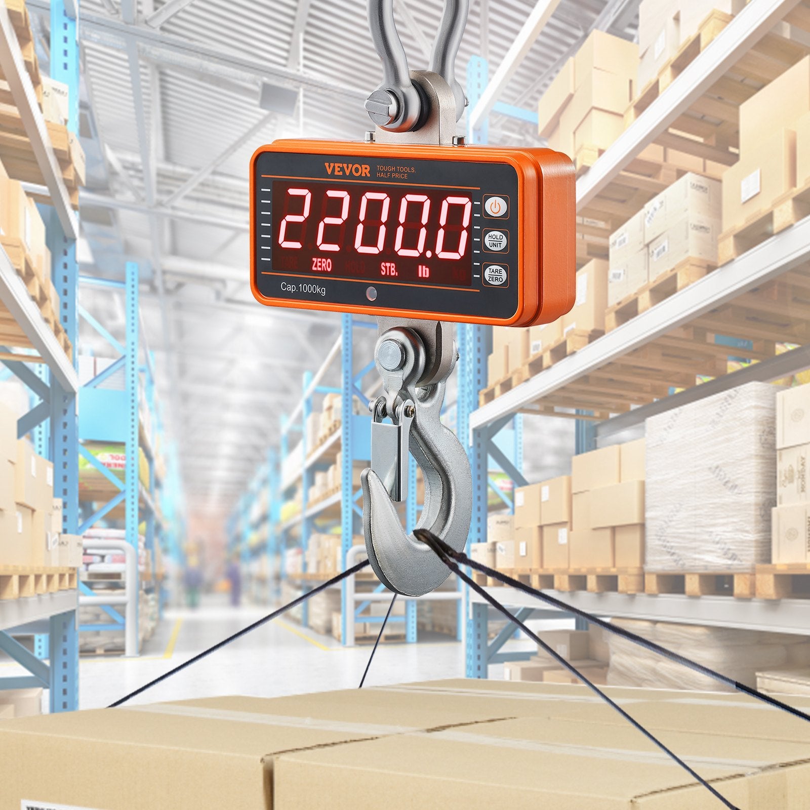 VEVOR Digital Crane Scale, 2200 lbs/1000 kg, Industrial Heavy Duty Hanging Scale with Remote Control, Cast Aluminum Case & LED Screen, High Precision for Construction, Factory, Farm, Hunting Orange