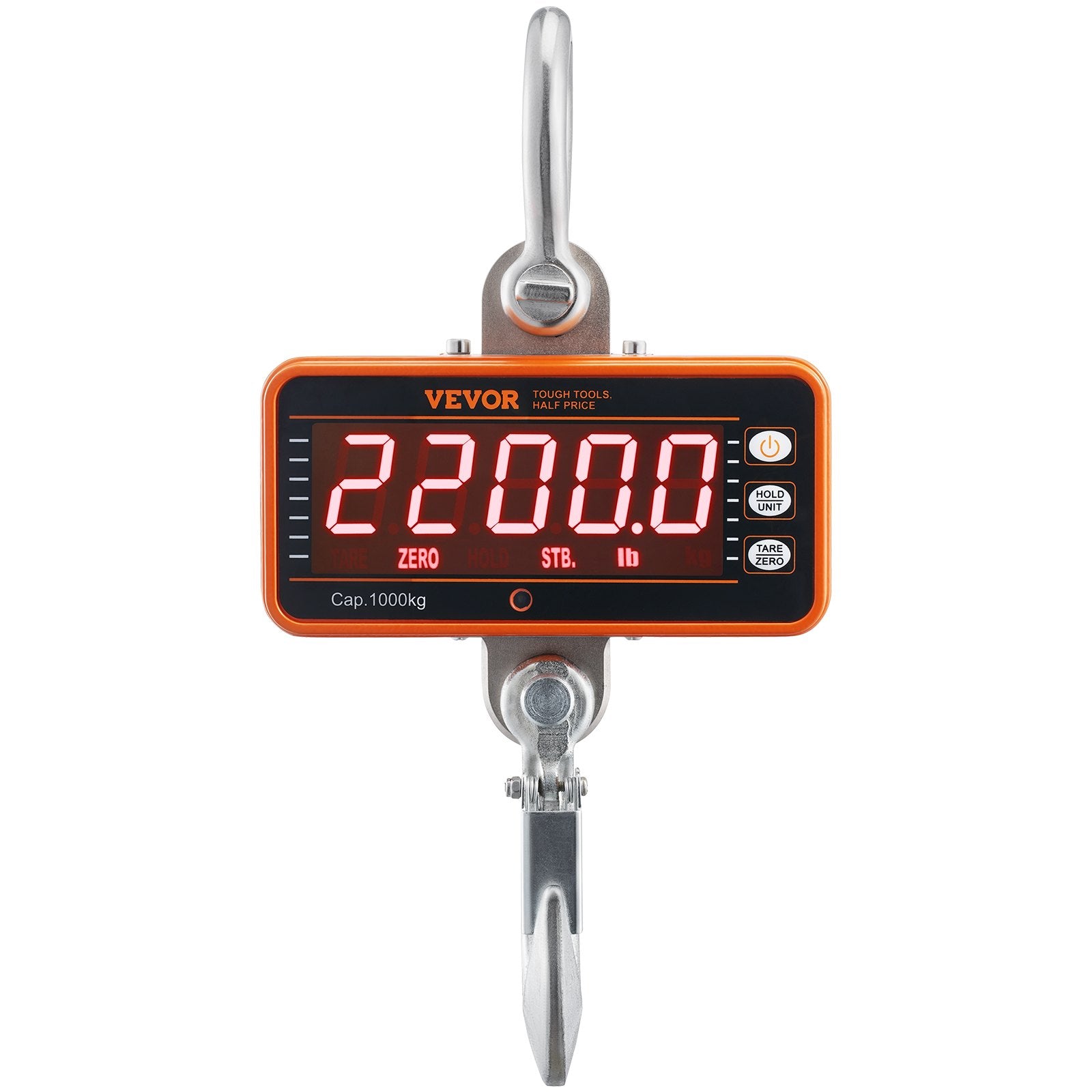 VEVOR Digital Crane Scale, 2200 lbs/1000 kg, Industrial Heavy Duty Hanging Scale with Remote Control, Cast Aluminum Case & LED Screen, High Precision for Construction, Factory, Farm, Hunting Orange