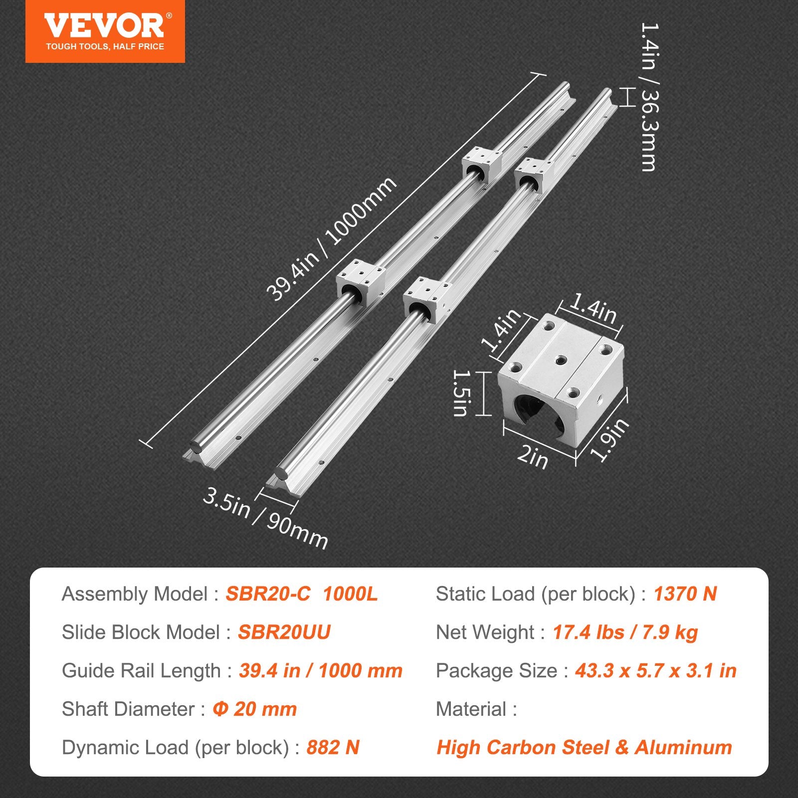 VEVOR Linear Guide Rail Set, SBR20 1000mm, 2 PCS 39.4 in/1000 mm SBR20 Guide Rails and 4 PCS SBR20UU Slide Blocks, Linear Rails and Bearings Kit for Automated Machines DIY Project CNC Router Machines