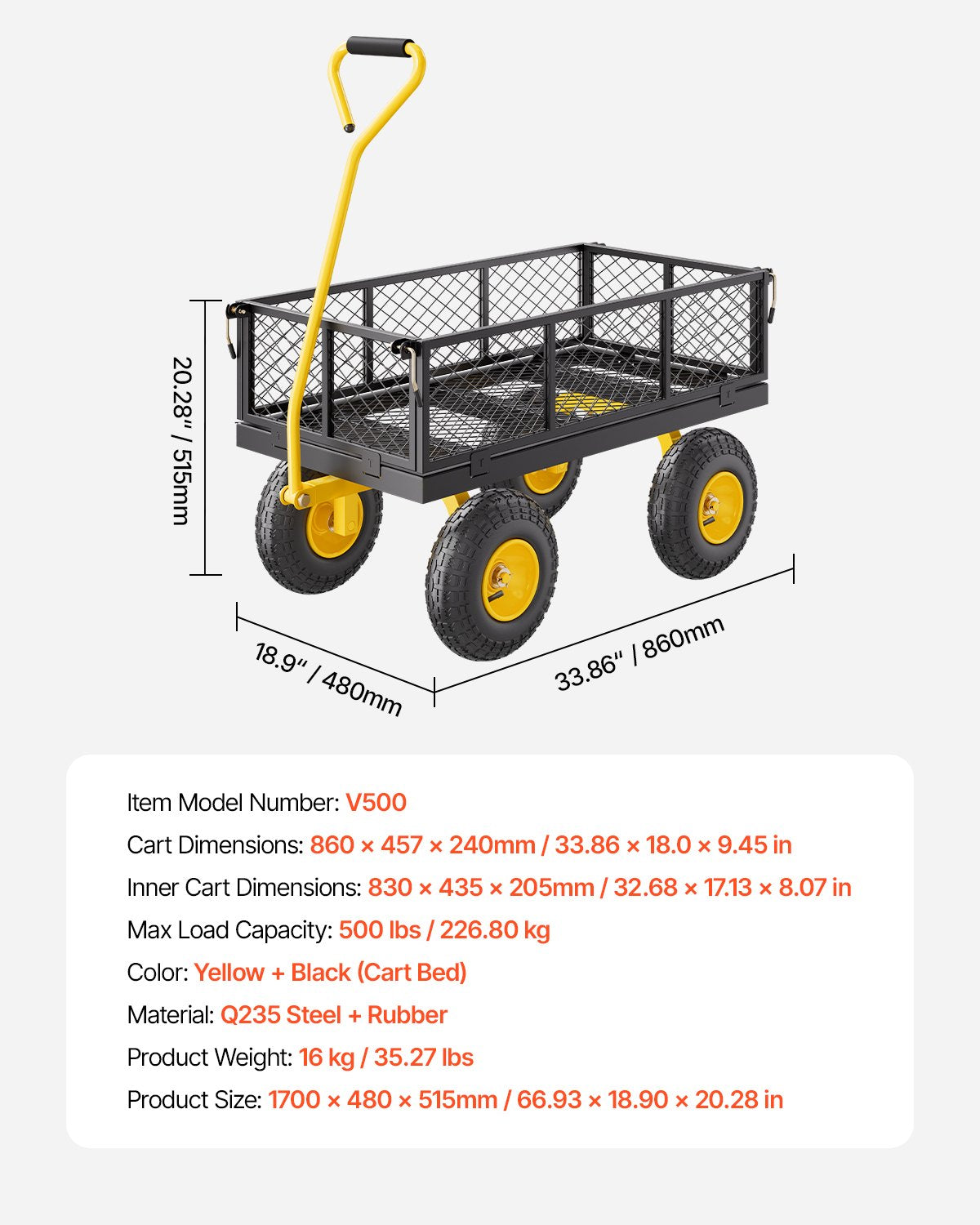VEVOR 500 Lbs Steel Garden Cart, Heavy Duty Garden Wagon Cart Pullable on Wheels, Metal Yard Utility Wagon Carts with 10" All Terrain Tires, Mesh Removable Sides and 180°Rotating Handle
