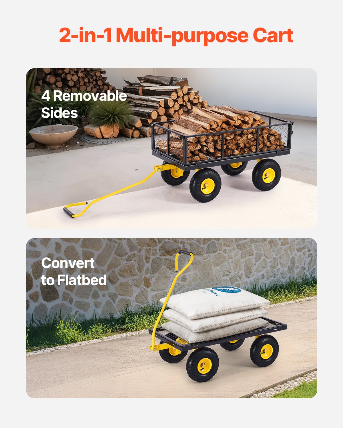 VEVOR 900 Lbs Heavy Duty Steel Garden Cart, Garden Wagon Cart on Wheels, Outdoor Metal Yard Utility Wagon Carts with 10" Tires and Mesh Removable Sides Convert to Flatbed and 180°Rotating Handle