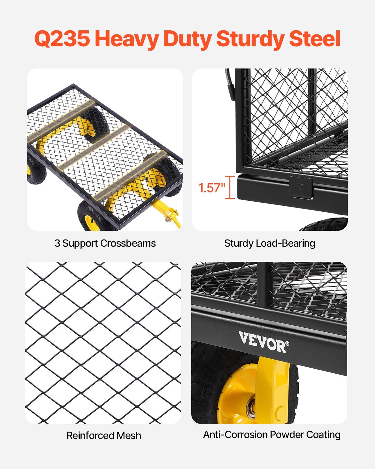 VEVOR 900 Lbs Heavy Duty Steel Garden Cart, Garden Wagon Cart on Wheels, Outdoor Metal Yard Utility Wagon Carts with 10" Tires and Mesh Removable Sides Convert to Flatbed and 180°Rotating Handle