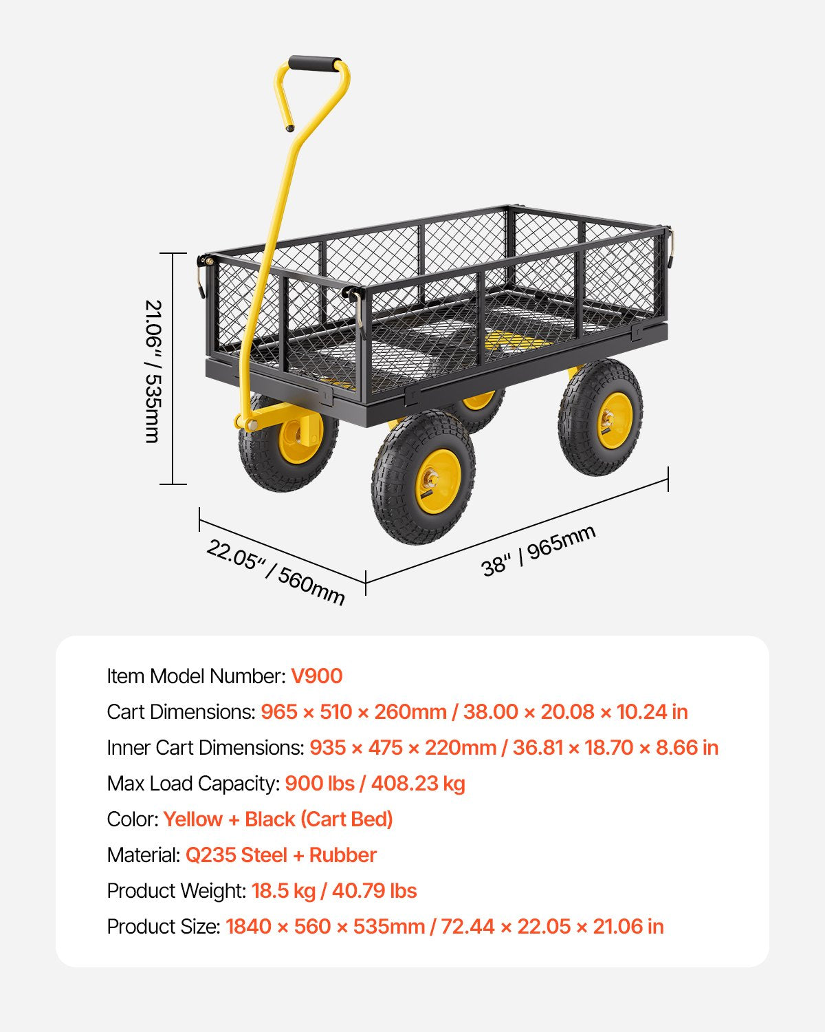 VEVOR 900 Lbs Heavy Duty Steel Garden Cart, Garden Wagon Cart on Wheels, Outdoor Metal Yard Utility Wagon Carts with 10" Tires and Mesh Removable Sides Convert to Flatbed and 180°Rotating Handle