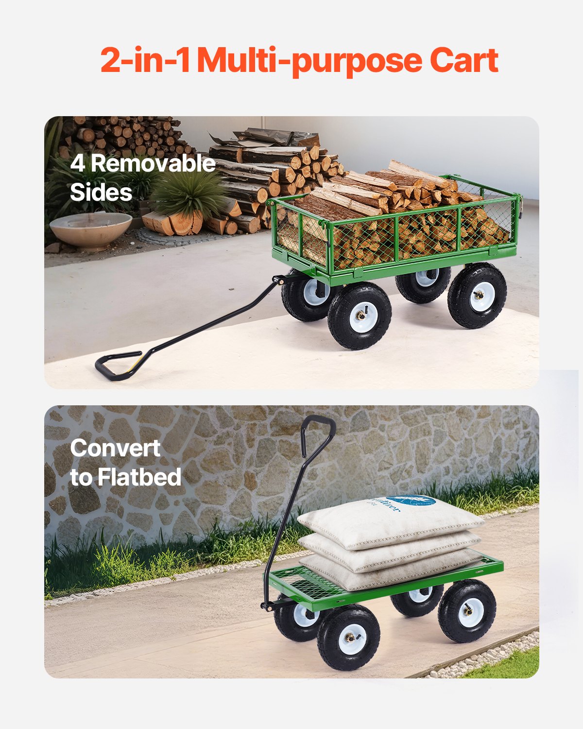 VEVOR 900 Lbs Steel Garden Cart on Wheels, Heavy Duty Pullable Garden Wagon Yard Cart, Outdoor Metal Utility Wagon with 10" Tires and Mesh Removable Sides Convert to Flatbed , and 180°Rotating Handle