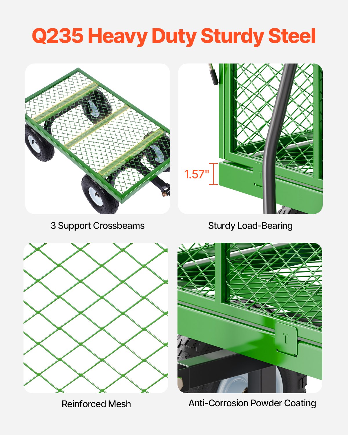 VEVOR 900 Lbs Steel Garden Cart on Wheels, Heavy Duty Pullable Garden Wagon Yard Cart, Outdoor Metal Utility Wagon with 10" Tires and Mesh Removable Sides Convert to Flatbed , and 180°Rotating Handle