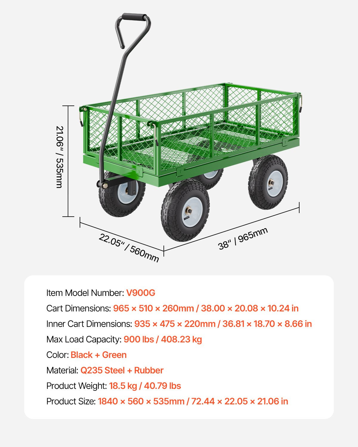 VEVOR 900 Lbs Steel Garden Cart on Wheels, Heavy Duty Pullable Garden Wagon Yard Cart, Outdoor Metal Utility Wagon with 10" Tires and Mesh Removable Sides Convert to Flatbed , and 180°Rotating Handle