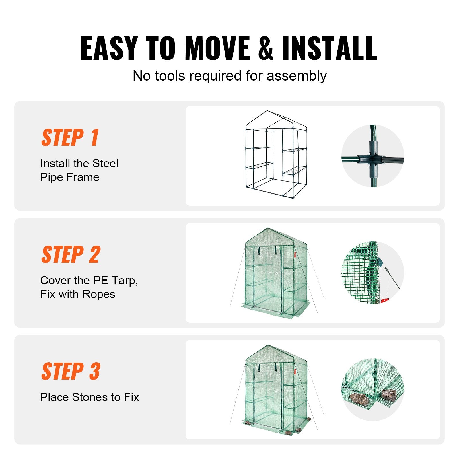 VEVOR Walk-in Green House, 4.6 x 2.4 x 6.7 ft Greenhouse with Shelves, Set Up in Minutes, High Strength PE Cover with Doors & Windows and Steel Frame, Suitable for Planting and Storage, Green