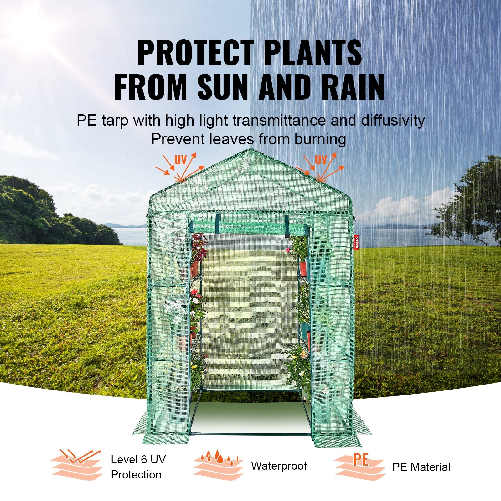 VEVOR Walk-in Green House, 4.6 x 2.4 x 6.7 ft Greenhouse with Shelves, Set Up in Minutes, High Strength PE Cover with Doors & Windows and Steel Frame, Suitable for Planting and Storage, Green