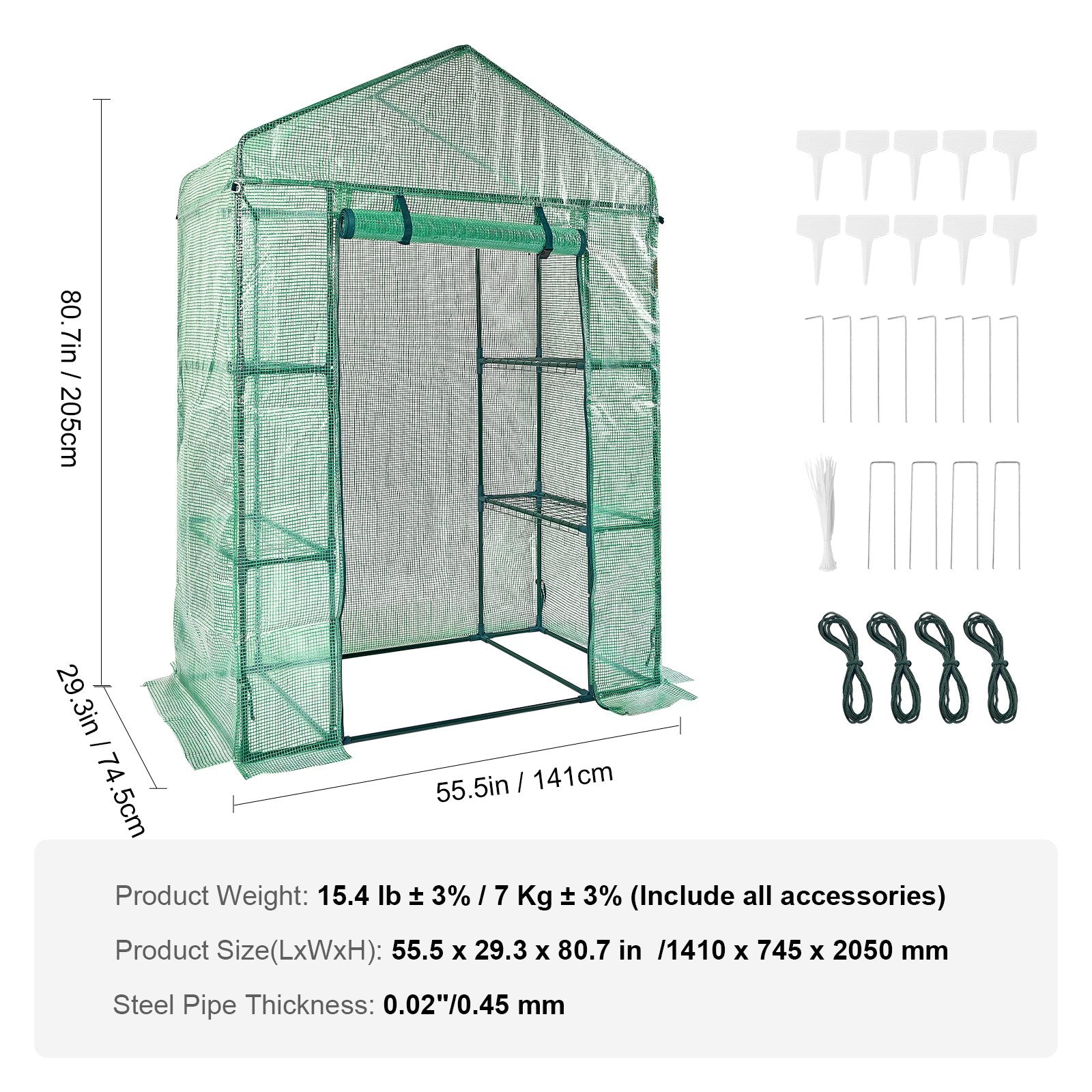 VEVOR Walk-in Green House, 4.6 x 2.4 x 6.7 ft Greenhouse with Shelves, Set Up in Minutes, High Strength PE Cover with Doors & Windows and Steel Frame, Suitable for Planting and Storage, Green