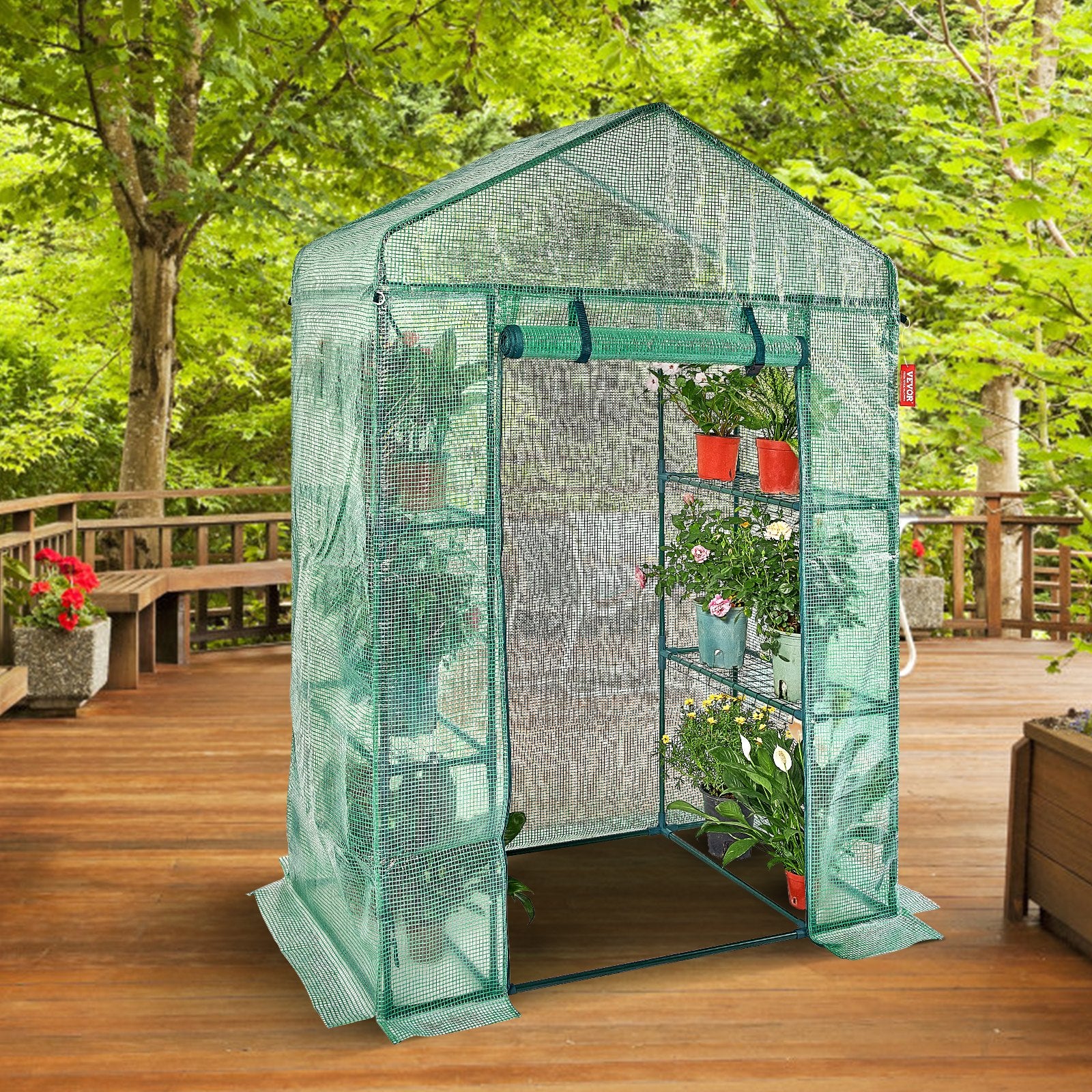 VEVOR Walk-in Green House, 4.6 x 2.4 x 6.7 ft Greenhouse with Shelves, Set Up in Minutes, High Strength PE Cover with Doors & Windows and Steel Frame, Suitable for Planting and Storage, Green
