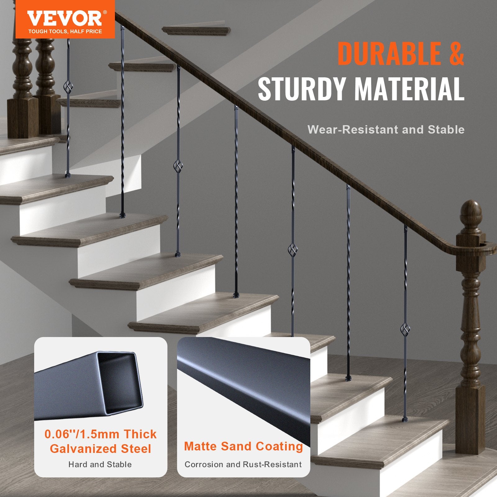 VEVOR Staircase Metal Balusters, 44'' x 1/2" Galvanized Steel Decorative Banister Spindles, 10 Pack Deck Baluster with Hollow Single Baskets, Twists, Spiral Stair Railing w/ Shoes & Screws