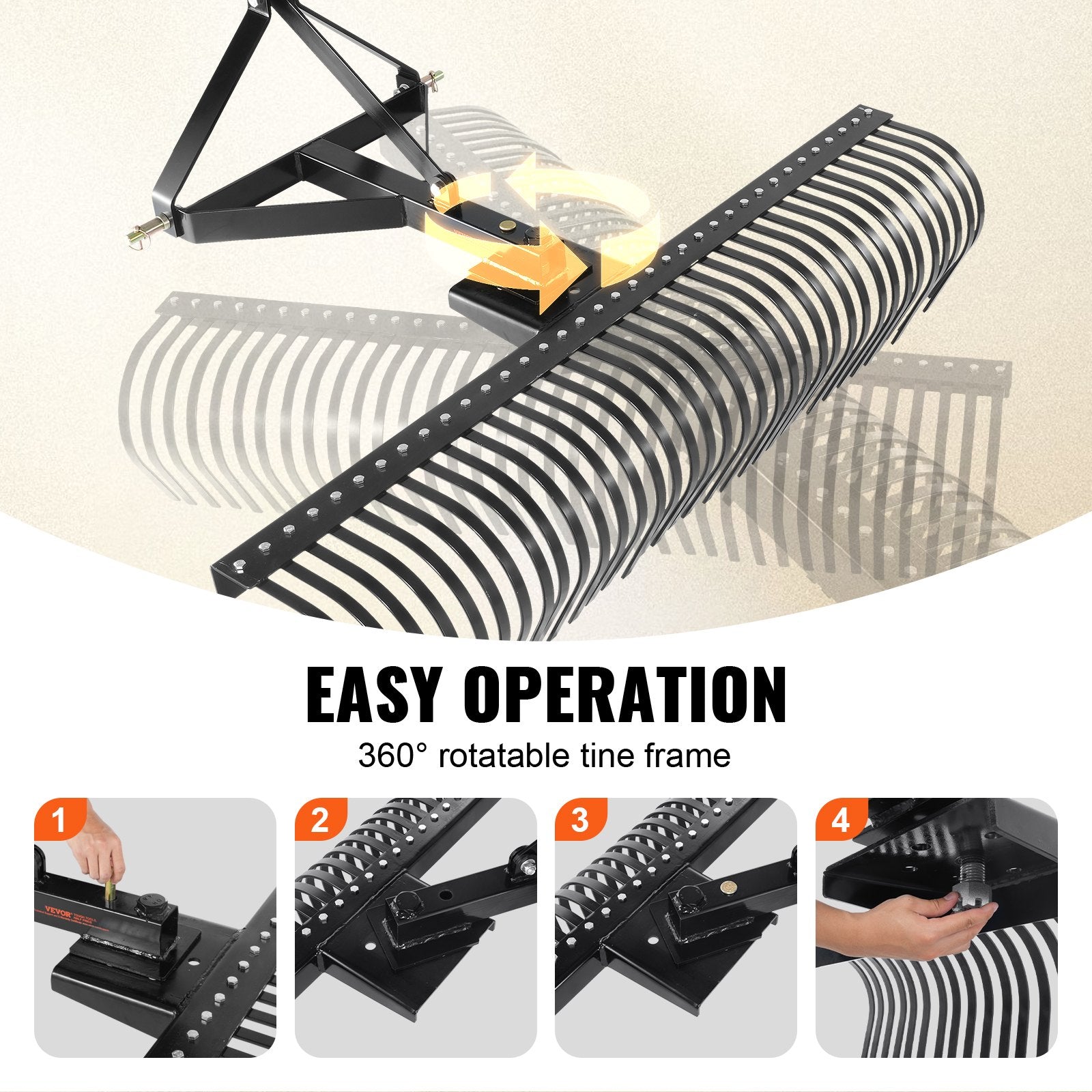 VEVOR Tow Behind Dethatcher, 1.8m Tow Dethatcher with 36 Steel Tines, 3-Point Lawn Dethatcher Rake with Attachments for Tractor, Landscape Rake for Garden, Farm, Grass