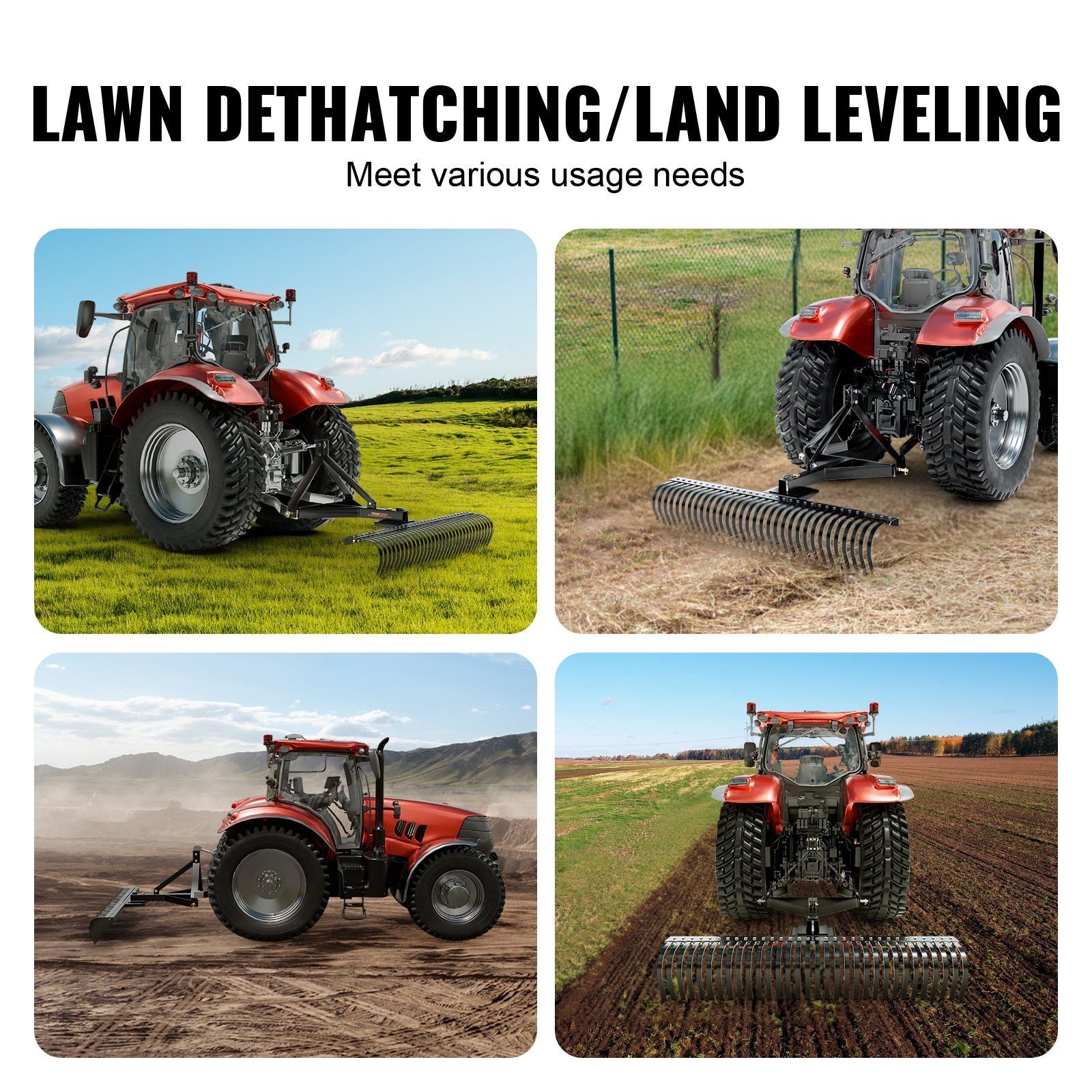 VEVOR Tow Behind Dethatcher, 1.8m Tow Dethatcher with 36 Steel Tines, 3-Point Lawn Dethatcher Rake with Attachments for Tractor, Landscape Rake for Garden, Farm, Grass