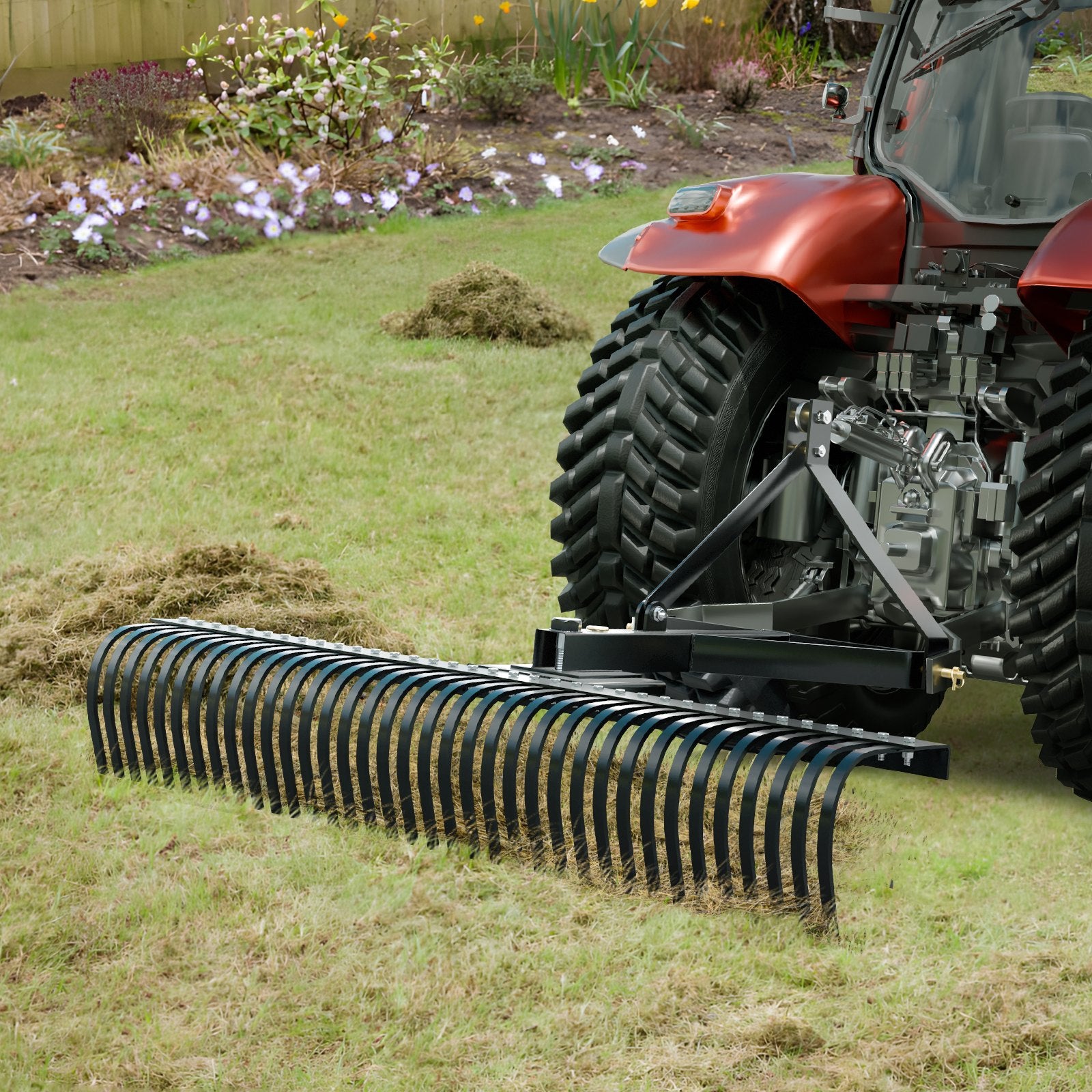 VEVOR Tow Behind Dethatcher, 1.8m Tow Dethatcher with 36 Steel Tines, 3-Point Lawn Dethatcher Rake with Attachments for Tractor, Landscape Rake for Garden, Farm, Grass