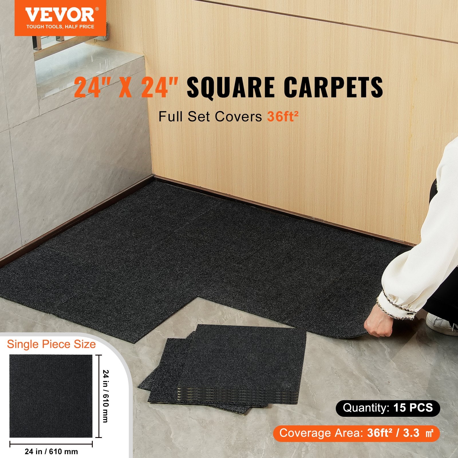 VEVOR Carpet Tiles Peel and Stick, 24” x 24” Squares Self Adhesive Carpet Floor Tile, Soft Padded Carpet Tiles, Easy Install DIY for Bedroom Living Room Indoor Outdoor 15Tiles, Carbon Black