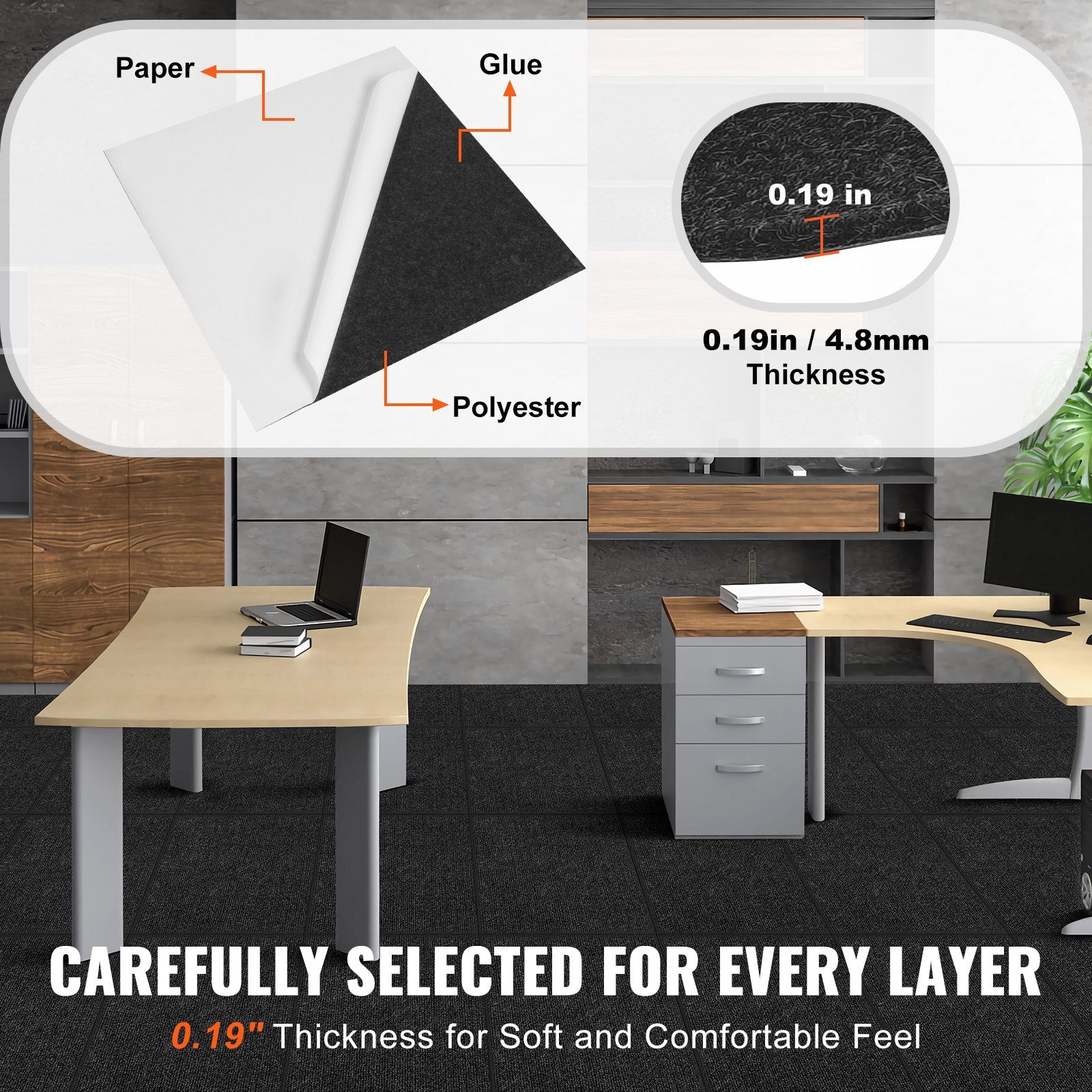 VEVOR Carpet Tiles Peel and Stick, 24” x 24” Squares Self Adhesive Carpet Floor Tile, Soft Padded Carpet Tiles, Easy Install DIY for Bedroom Living Room Indoor Outdoor 15Tiles, Carbon Black