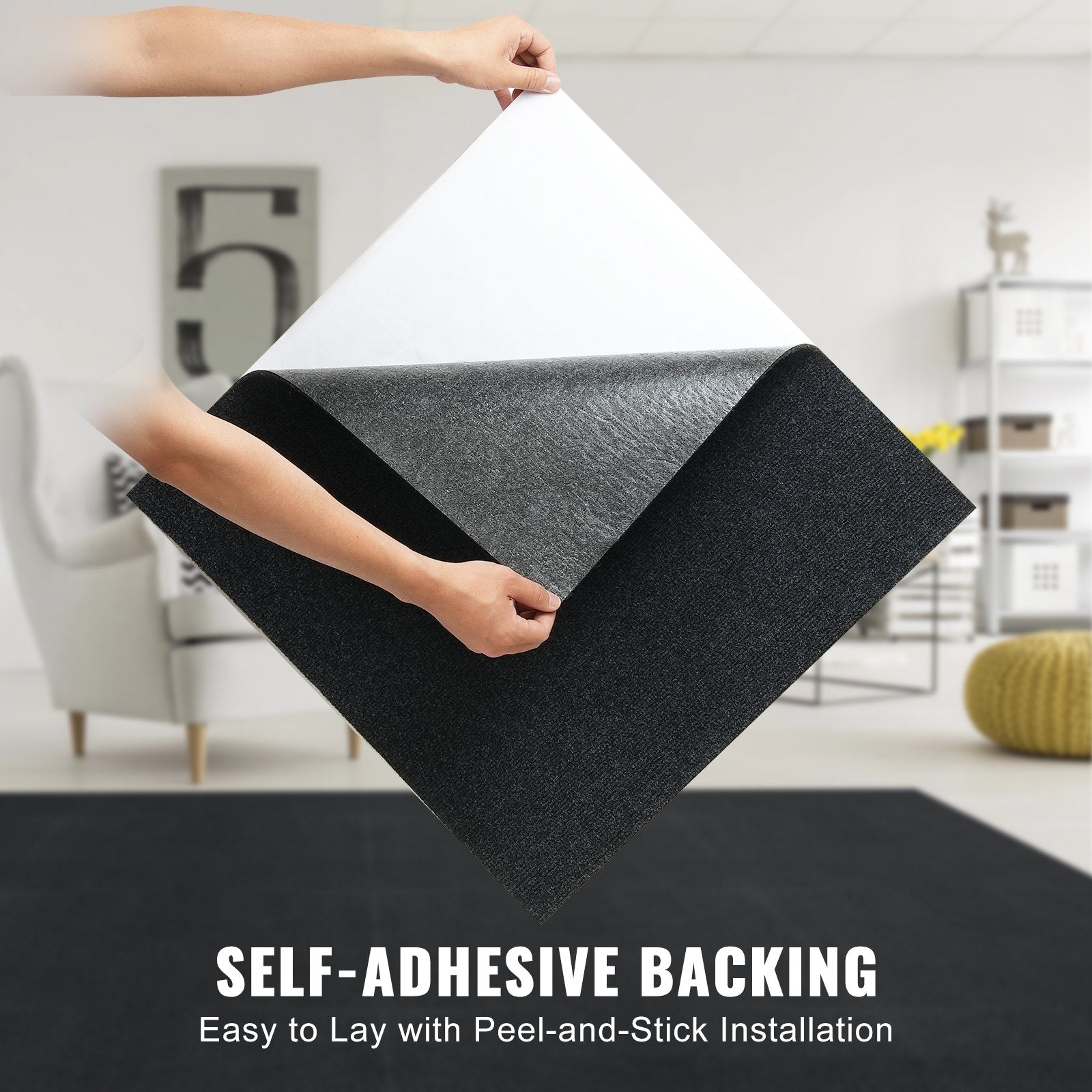 VEVOR Carpet Tiles Peel and Stick, 24” x 24” Squares Self Adhesive Carpet Floor Tile, Soft Padded Carpet Tiles, Easy Install DIY for Bedroom Living Room Indoor Outdoor 15Tiles, Carbon Black