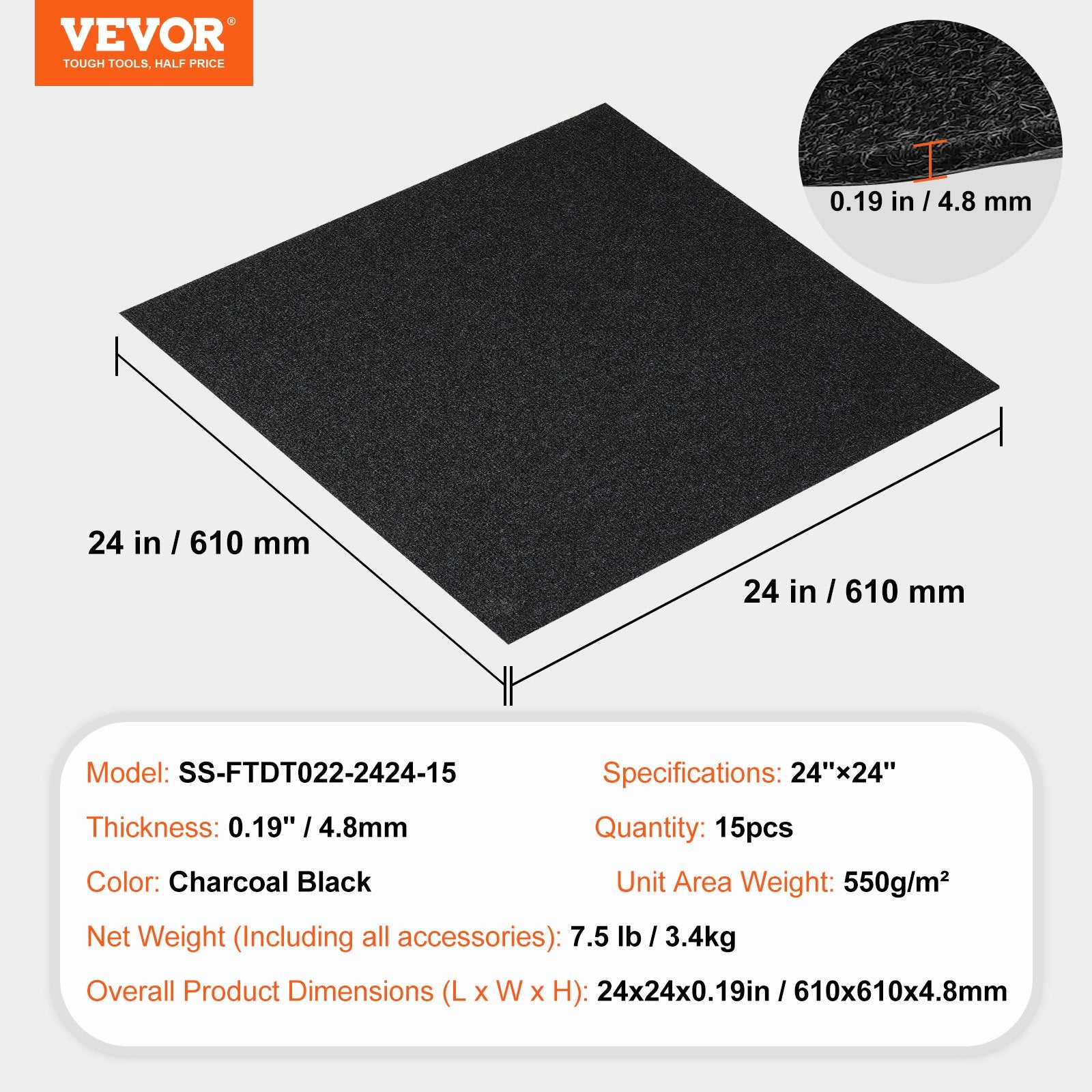 VEVOR Carpet Tiles Peel and Stick, 24” x 24” Squares Self Adhesive Carpet Floor Tile, Soft Padded Carpet Tiles, Easy Install DIY for Bedroom Living Room Indoor Outdoor 15Tiles, Carbon Black