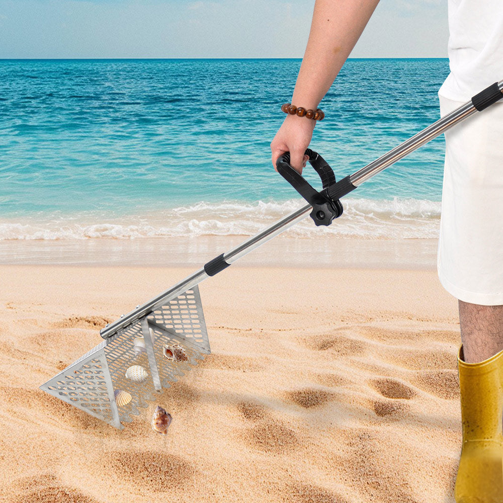Beach Rake Stainless Steel Sand Flea Rake 140cm Long Detachable Handle and Shark Tooth Wide Sifter for Easy Sand Flea Removal with Bonus Basket and Tools