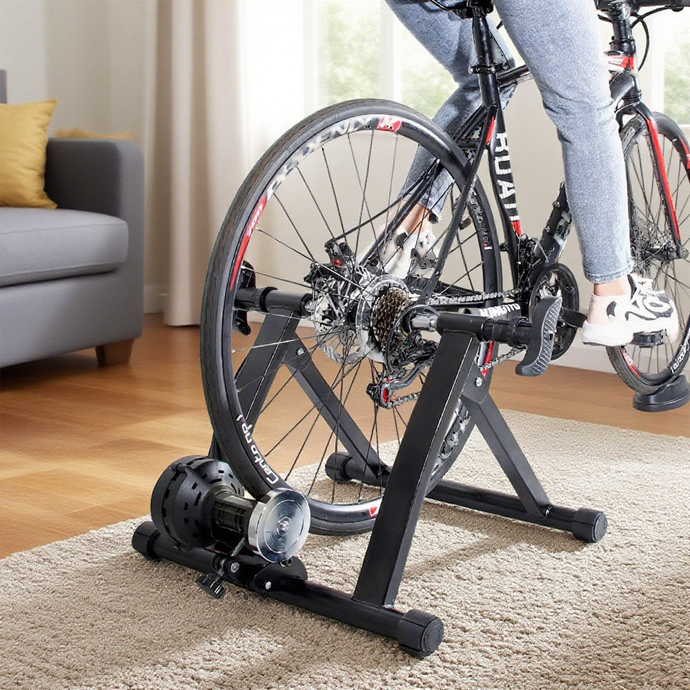 Portable Indoor Exercise Bike Trainer Stand Stationary Bicycle Training Stand Magnetic 6 Level Resistance For Indoor Riding with Noise Reduction Wheel