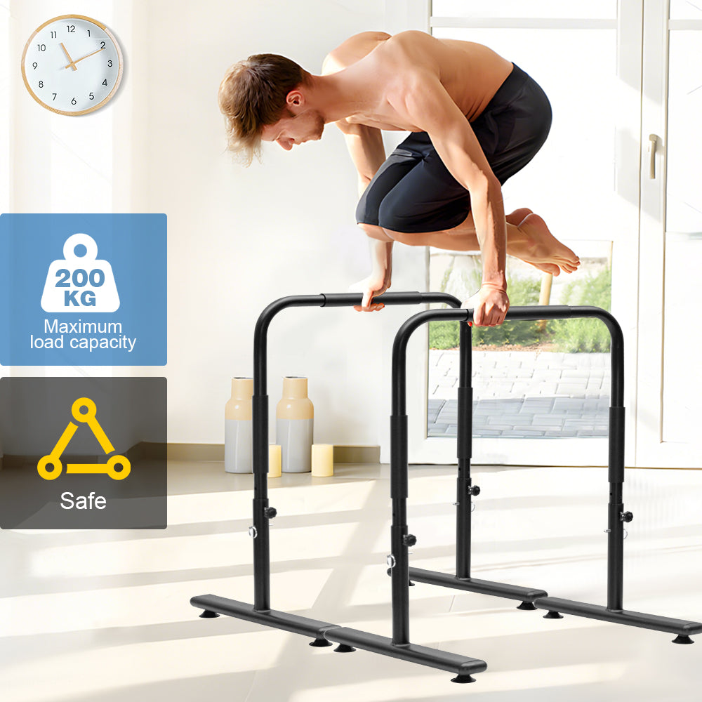 Set of 2 Functional Fitness Dip Stands Station Height Adjustable Dip Bars Portable Parallettes Calisthenics Equipment Safety for Home Gym Strength Training