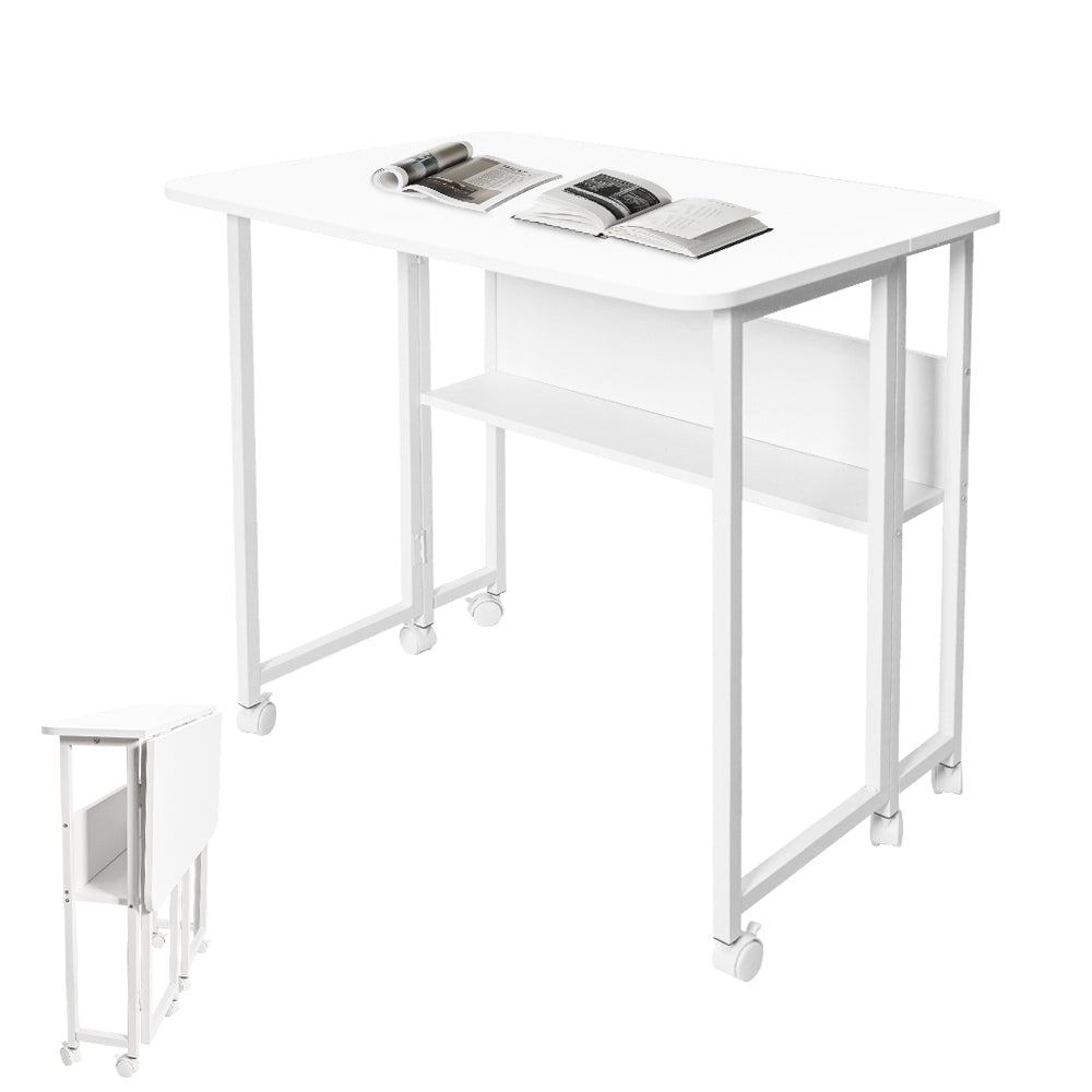 Compat Foldable Desk Rolling Study Desk Small Computer Desk with Wheels and Storage Shelf for Small Spaces Study Home Office Dorm Easy Assembly White