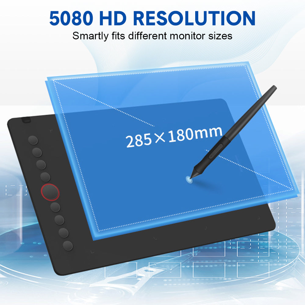 Digital Graphics Tablet Drawing Pad 8192 Levels Large Working Area 285x180mm Compatible with Win/MacOS Support PC/Mobile for Drawing Designing Teaching
