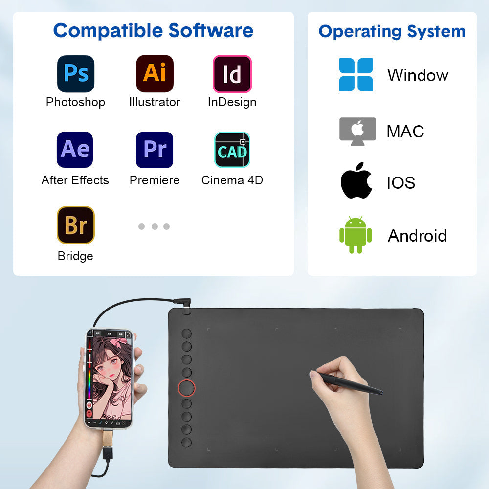 Digital Graphics Tablet Drawing Pad 8192 Levels Large Working Area 285x180mm Compatible with Win/MacOS Support PC/Mobile for Drawing Designing Teaching