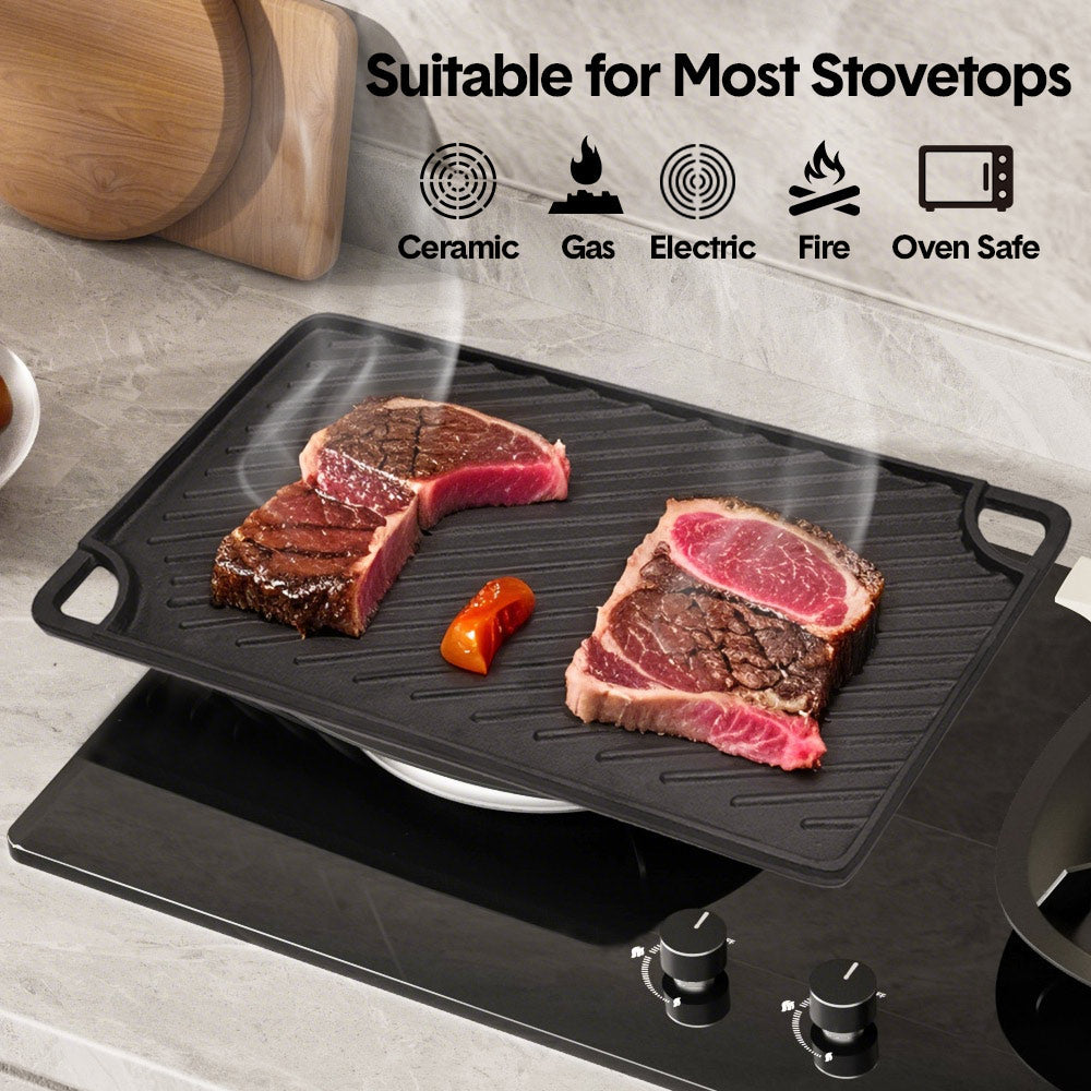 Reversible Cast Iron Griddle Rectangular BBQ Plate 43脳24cm Double-Sided Flat Top Griddle Pan and Grooved Grill for Gas Stovetop Oven and Open Fire Black