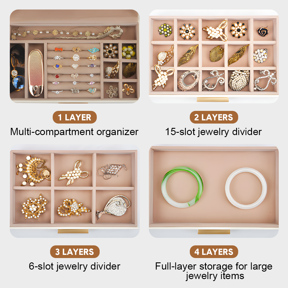 4 Layer Jewelry Box PU Leather Jewellery Organizer Multi-functional Storage Case with Clear Glass Lid and 3 Drawers for Necklaces Rings Earrings Watches