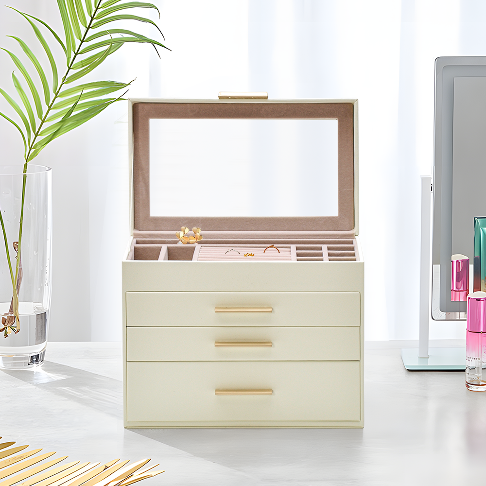 4 Layer Jewelry Box PU Leather Jewellery Organizer Multi-functional Storage Case with Clear Glass Lid and 3 Drawers for Necklaces Rings Earrings Watches