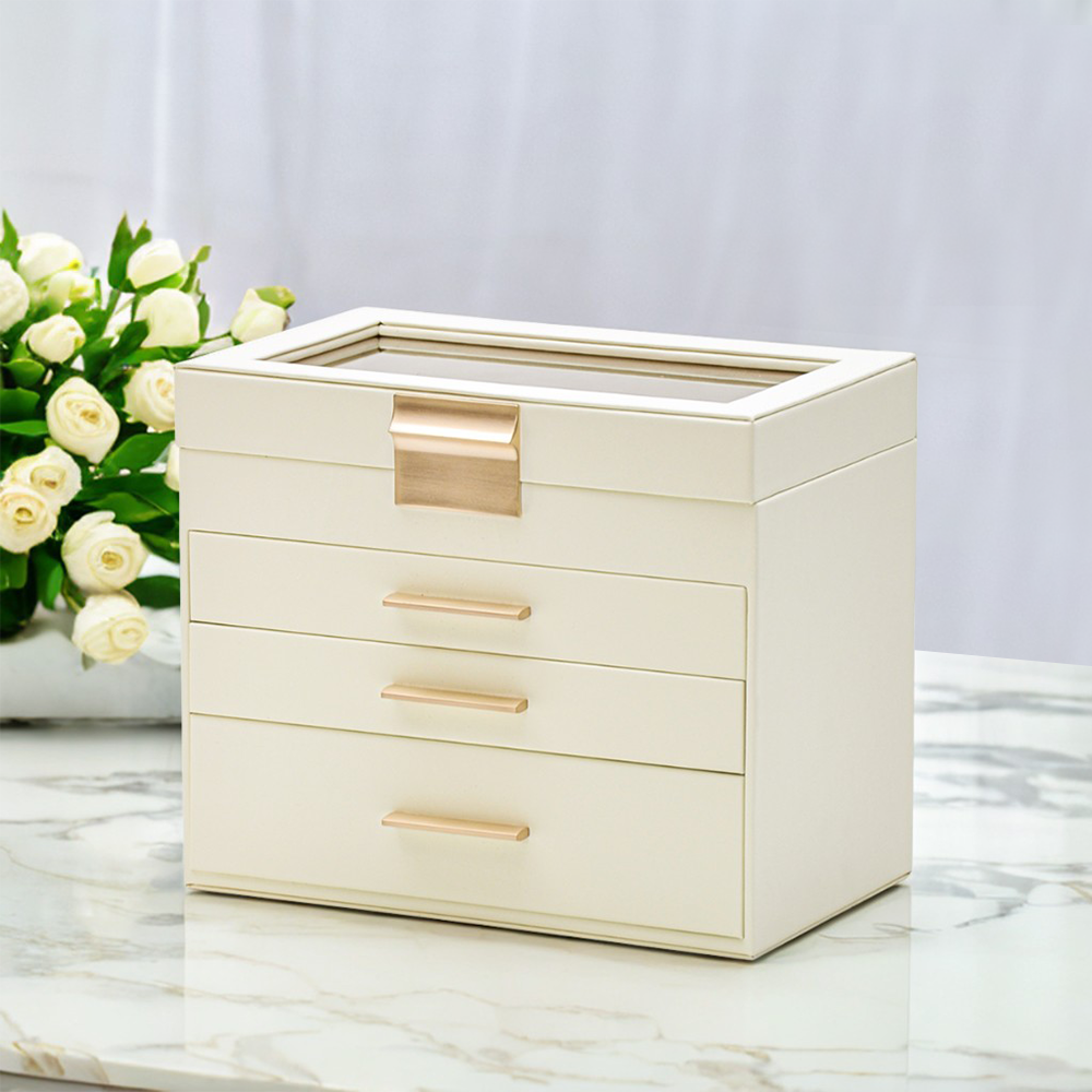 4 Layer Jewelry Box PU Leather Jewellery Organizer Multi-functional Storage Case with Clear Glass Lid and 3 Drawers for Necklaces Rings Earrings Watches