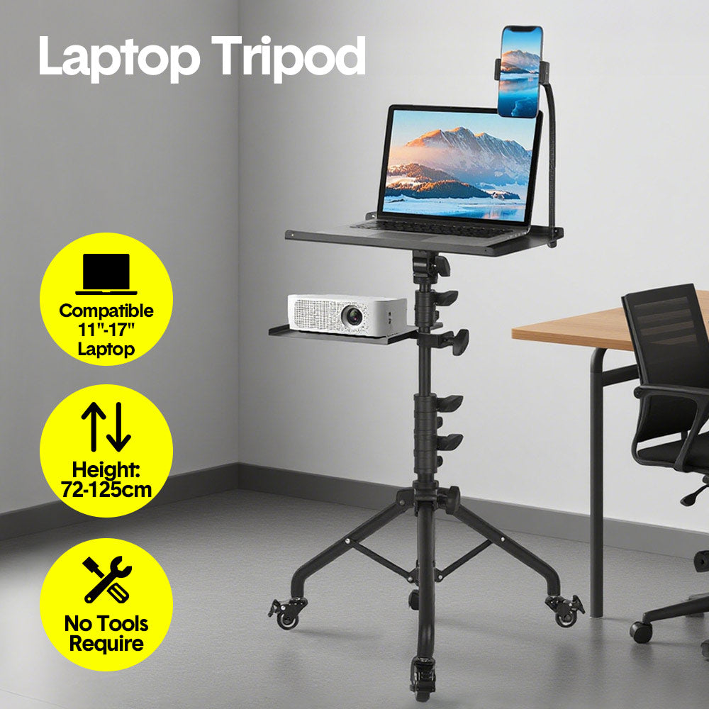 Mobile Laptop Tripod Stand 11-16 Inch on Wheels 82-170cm Height Adjustable Projector Stand Portable Stand with Gooseneck Phone Holder for Home Office