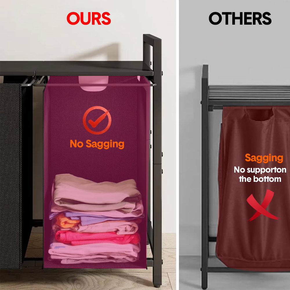 Laundry Hamper Basket Metal Laundry Organizer with MDF Shelf and 2 Waterproof Pull-Out Removable Dirty Clothes Bags for Laundry Room Bedroom Bathroom Dorm