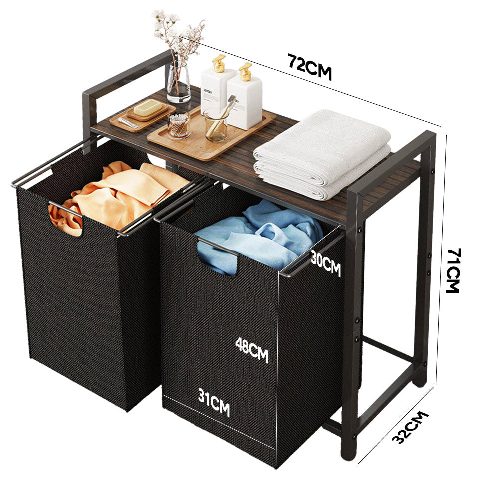 Laundry Hamper Basket Metal Laundry Organizer with MDF Shelf and 2 Waterproof Pull-Out Removable Dirty Clothes Bags for Laundry Room Bedroom Bathroom Dorm