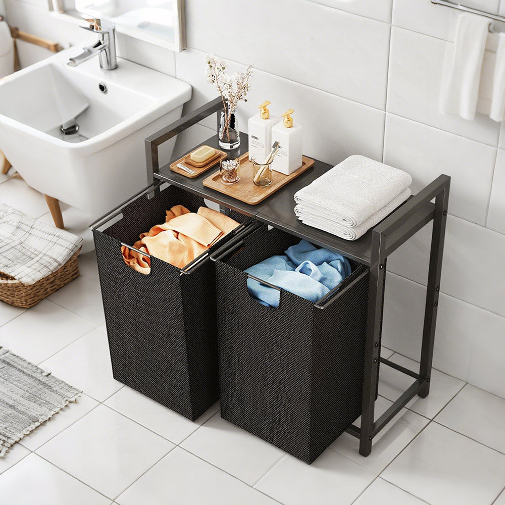 Laundry Hamper Basket Metal Laundry Organizer with MDF Shelf and 2 Waterproof Pull-Out Removable Dirty Clothes Bags for Laundry Room Bedroom Bathroom Dorm