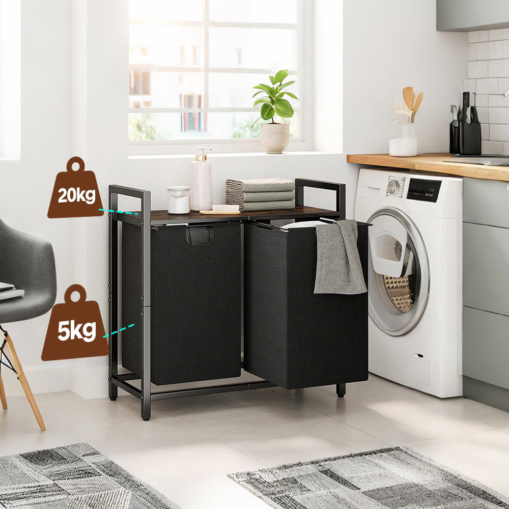 Laundry Hamper Basket Metal Laundry Organizer with MDF Shelf and 2 Waterproof Pull-Out Removable Dirty Clothes Bags for Laundry Room Bedroom Bathroom Dorm