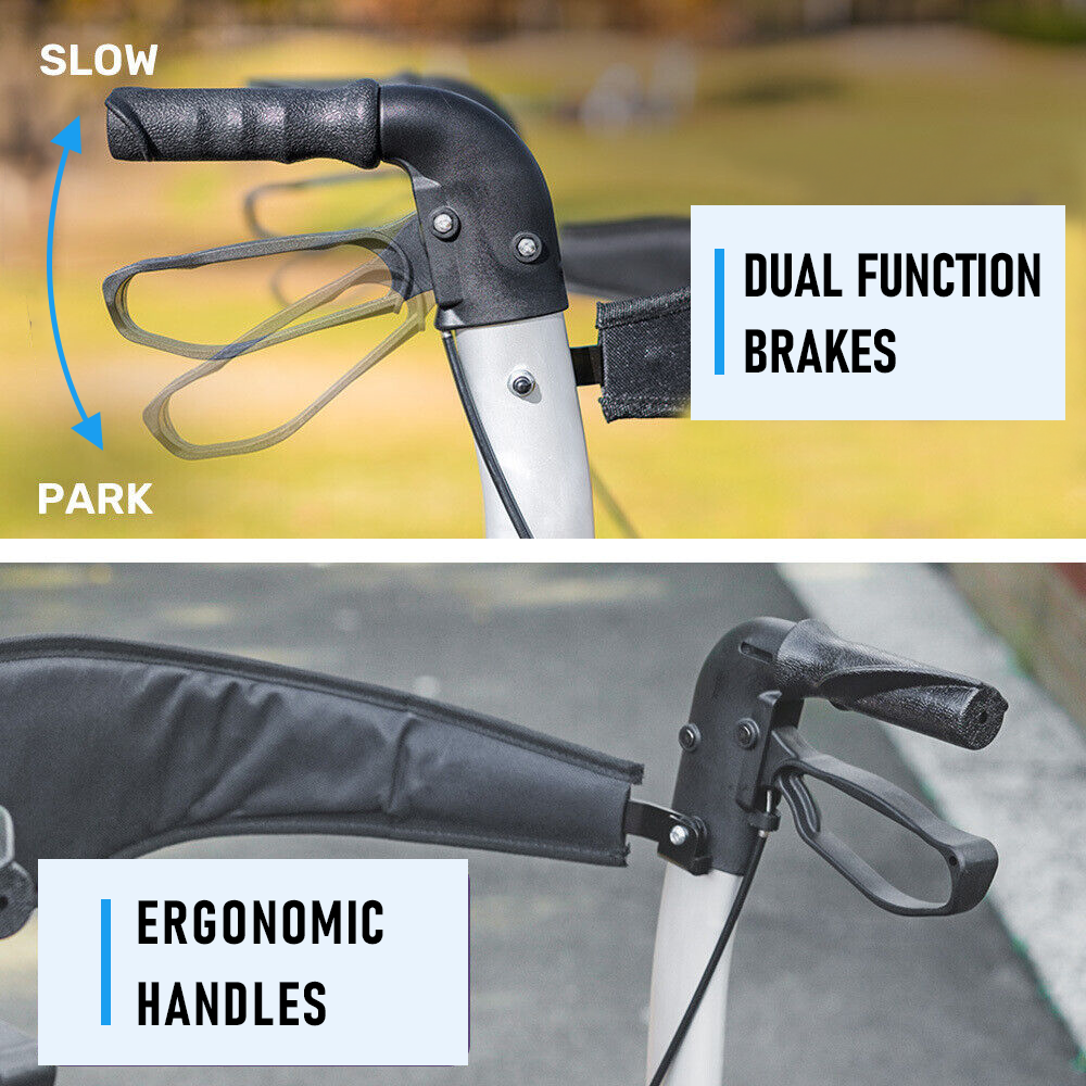 Alston 2 In 1 Foldable X-Fold Mobility Walker Rollator Chair Aid 8 Inch Wheel Max Load 136KG with Zippered Storage Bag for Elderly Seniors Indoor Outdoor Use