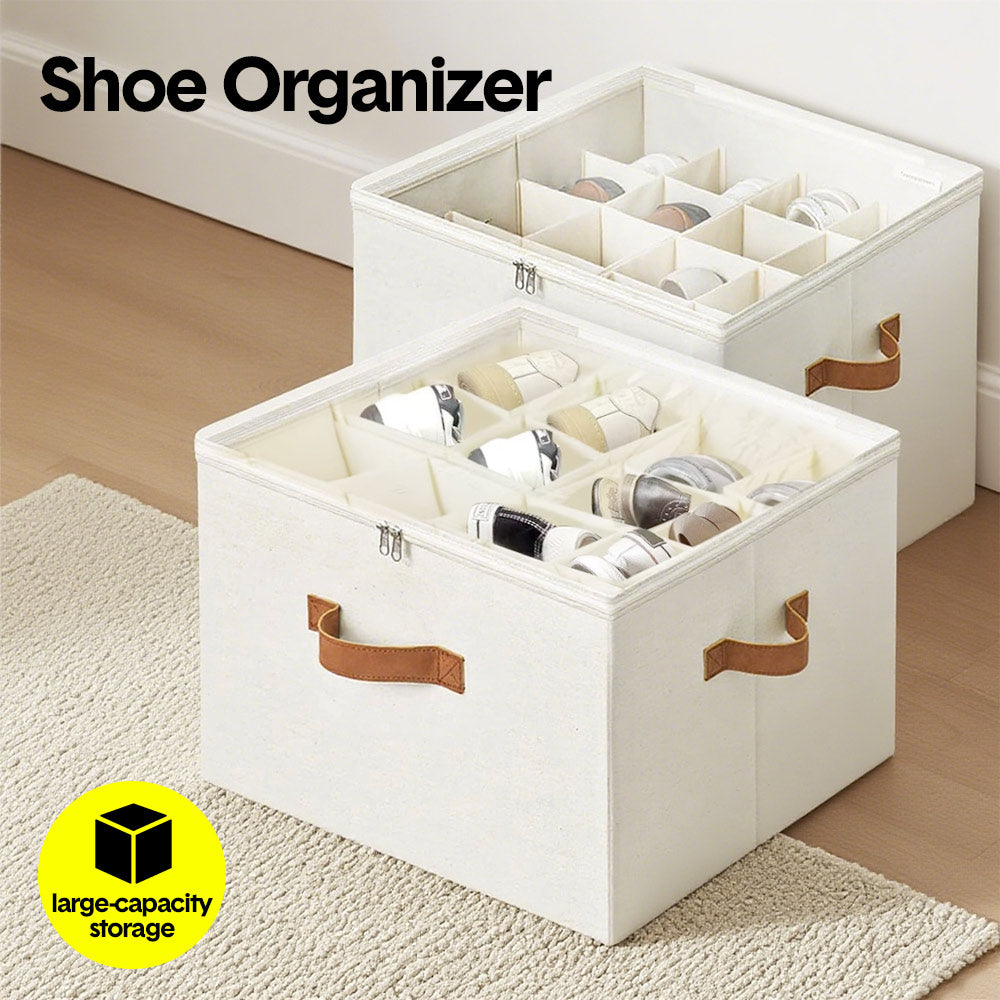 2 Pack Shoe Organizer Zipper Clear Lid Fabric Shoe Storage Box Space Saving Beige Shoe Holder for Closet and Adjustable Dividers Fits up to 16 Pairs