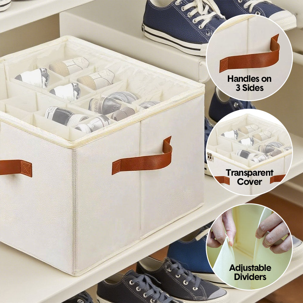 2 Pack Shoe Organizer Zipper Clear Lid Fabric Shoe Storage Box Space Saving Beige Shoe Holder for Closet and Adjustable Dividers Fits up to 16 Pairs