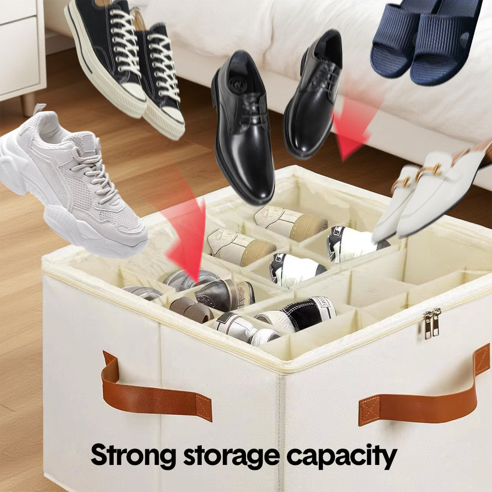 2 Pack Shoe Organizer Zipper Clear Lid Fabric Shoe Storage Box Space Saving Beige Shoe Holder for Closet and Adjustable Dividers Fits up to 16 Pairs
